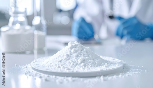 White Powder in Laboratory, Pharmaceutical powder consistency quality control, medical.