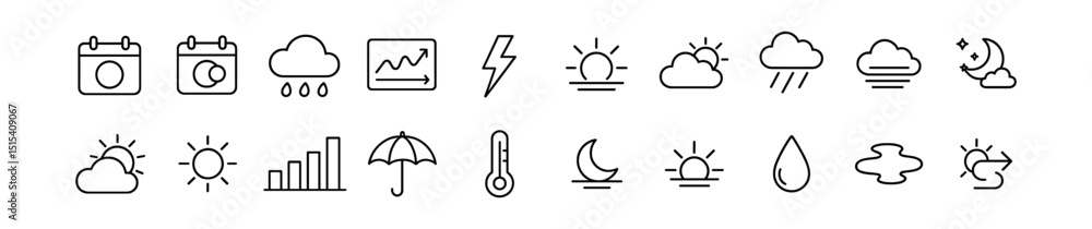 Fototapeta premium Weather and forecast line icon set - outline, climate and temperature symbols