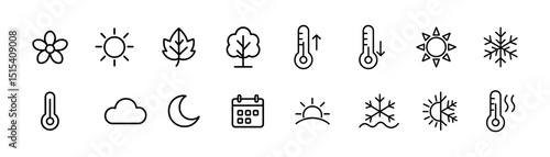 Weather and nature outline icon set - seasonal symbols in line style