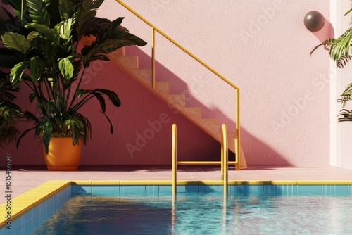 Bright Outdoor Swimming Pool Area With Colorful Plants and Staircase During S...