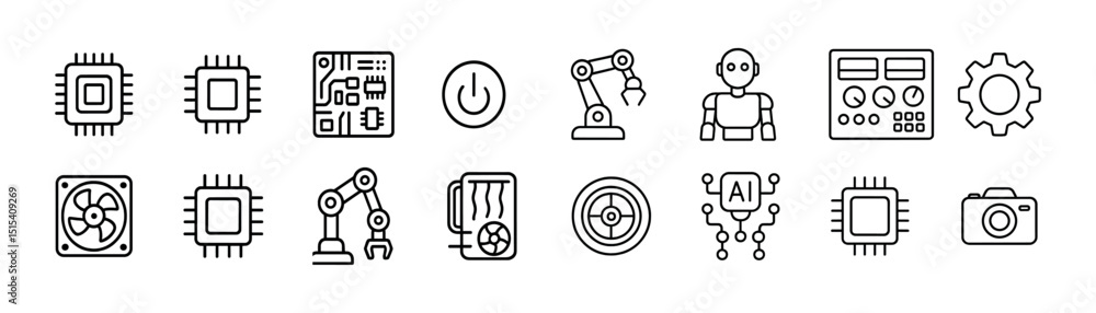 Technology and robotics line icon set - circuit, gear & ai symbols Technology and robotics line icon set - circuit, gear & ai symbols