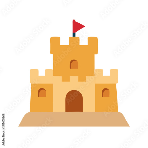 Sandcastle illustration with a red flag on a sandy base - Concept of vector, icon, Child’s Day  