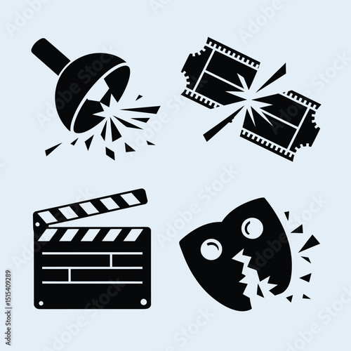 vector icons for cinema, Director's Chair , theatrical roles, video tape, cinema shattered spotlight, Theater Ticket
