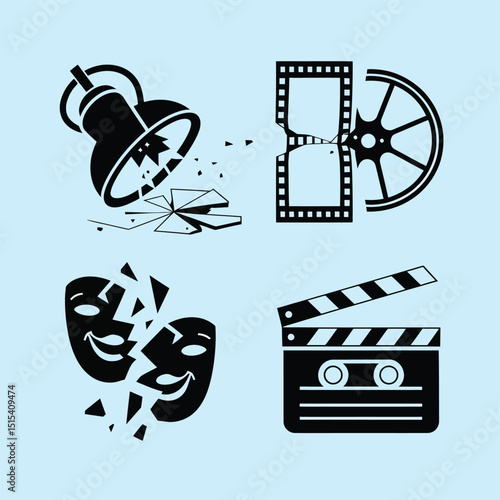 vector icons for cinema, Director's Chair , theatrical roles, video tape, cinema shattered spotlight, Theater Ticket
