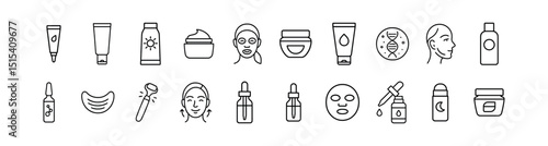 Skincare and beauty outline icon set - facial, cosmetics, spa, self-care symbols