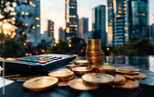 Coins and Calculator on Desk With City Skyline and Sunset in the Background C...