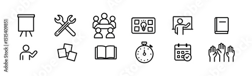 Business meeting outline icon set - flat, office tools & collaboration symbols