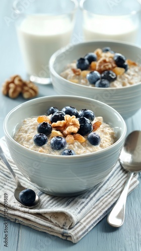 Healthy Breakfast Bowls With Oatmeal, Blueberries, and Walnuts Ready for a Nu...