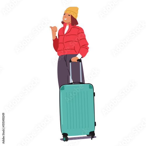 Young woman tourist cartoon character wearing winter clothing with luggage bag isolated on white