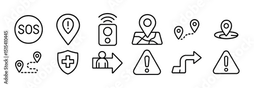 Navigation and sos icon set - linear, emergency and location symbols collection