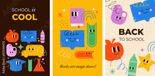 Cute Back to School vertical colorful posters 