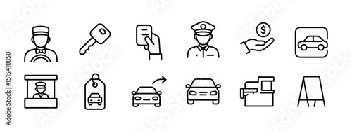 Car rental and transportation line icon set - detailed vehicle and travel symbols