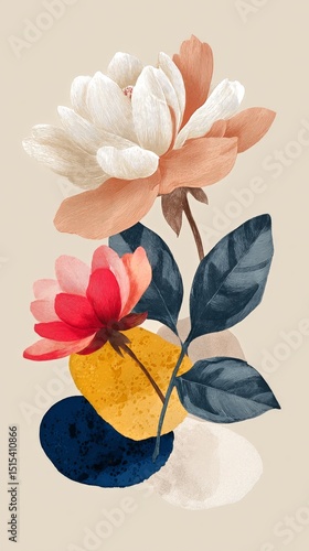 Stunning Floral Design Featuring Colorful Blooms and Leaves Against a Neutral...