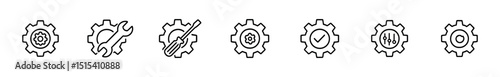 Gear and tools line icon set - minimal maintenance, settings, repair symbols