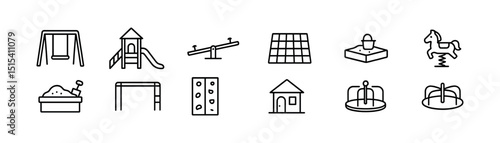 Playground outline icon set - equipment, swing, slide, and fun play symbols