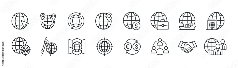 Global business linear icon set - communication, navigation, and finance symbols Global business linear icon set - communication, navigation, and finance symbols