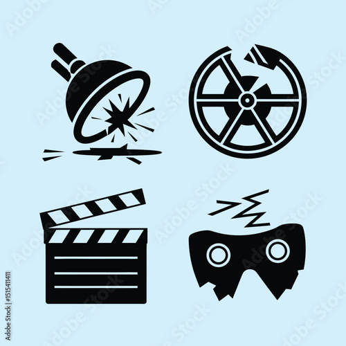 vector icons for cinema, Director's Chair , theatrical roles, video tape, cinema shattered spotlight, Theater Ticket
