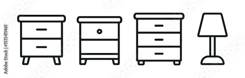 Furniture outline icon set - simple, nightstand & lamp symbols for home decor