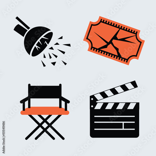 vector icons for cinema, Director's Chair , theatrical roles, video tape, cinema shattered spotlight, Theater Ticket
