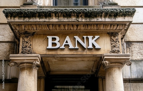 Historic Bank Building Entrance Featuring Ornate Architectural Details