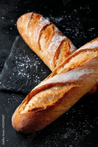 Freshly Baked Baguettes on a Slate Board With Flour Dusting in a Cozy Kitchen...
