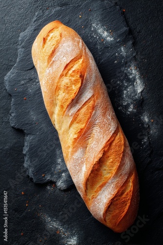 Freshly Baked Baguettes on a Slate Board With Flour Dusting in a Cozy Kitchen...