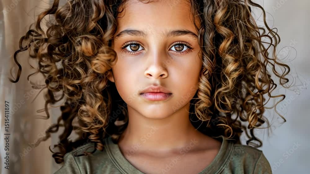 Captivating Gaze: A young girl with mesmerizing eyes and gorgeous curly hair poses in a close-up shot. Capturing the pure innocence and unique beauty of childhood Captivating Gaze: A young girl with mesmerizing eyes and gorgeous curly hair poses in a close-up shot. Capturing the pure innocence and unique beauty of childhood