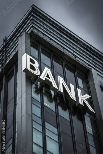 Modern Bank Building Under Cloudy Sky Highlighting Sleek Architecture and Sig...