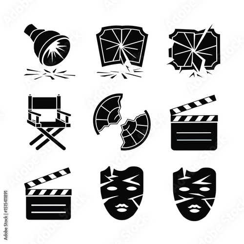 vector icons for cinema, Director's Chair , theatrical roles, video tape, cinema shattered spotlight, Theater Ticket
