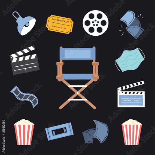 vector icons for cinema, Director's Chair , theatrical roles, video tape, cinema shattered spotlight, Theater Ticket
