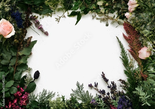 Floral Border Design Featuring Pink Roses and Green Foliage With Empty Center...