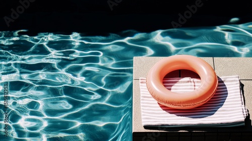 Colorful Life Ring Resting on a Towel by a Glimmering Swimming Pool During a ...