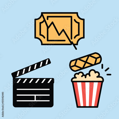 vector icons for cinema, Director's Chair , theatrical roles, video tape, cinema shattered spotlight, Theater Ticket
