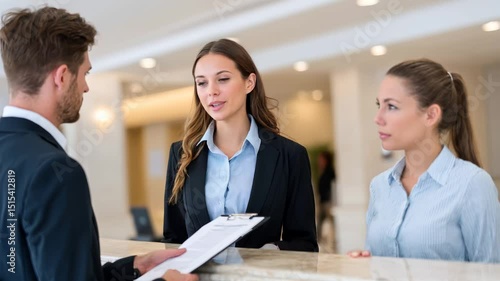Business traveler interacting with front desk staff at a luxury hotel, discussing reservation details during check-in, formal attire on both guest and hotel employees, modern and refined lobby environ