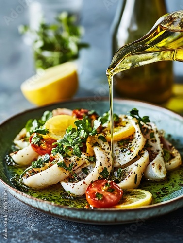 Fresh Seafood Salad With Lemon and Herbs Served on a Blue Plate in a Rustic K...