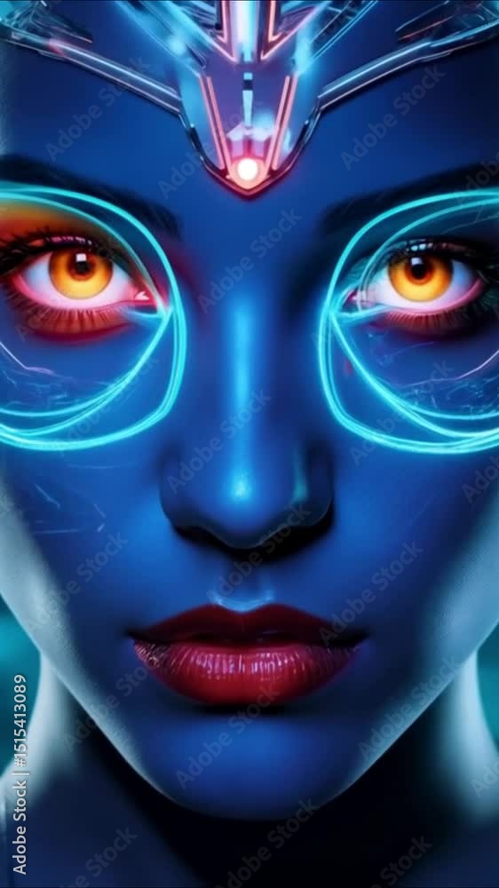 Futuristic digital face with glowing blue cybernetic eyes and neon ...