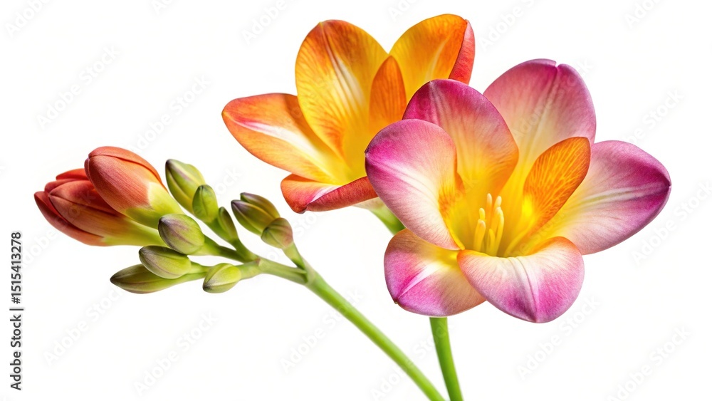 Fototapeta premium Elegant Freesia Blooms in Orange, Pink, and Yellow against a White Background