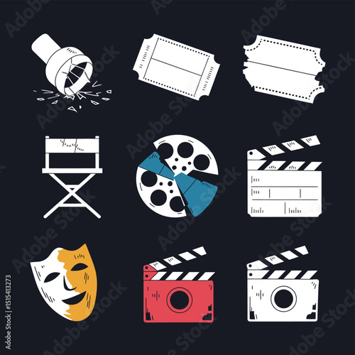 vector icons for cinema, Director's Chair , theatrical roles, video tape, cinema shattered spotlight, Theater Ticket
