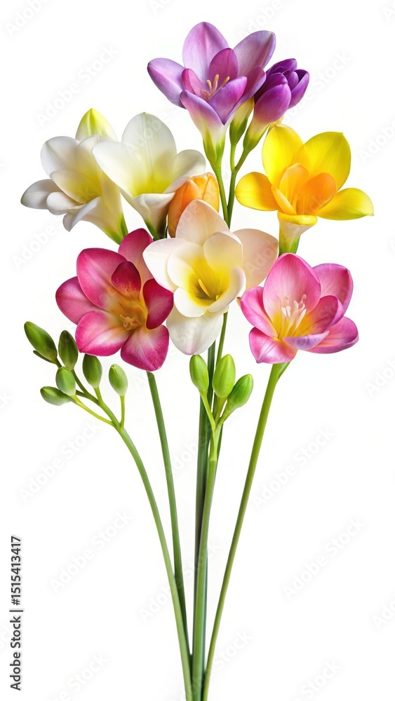 Obraz premium A vibrant and colorful bouquet of freesias against a clean white background