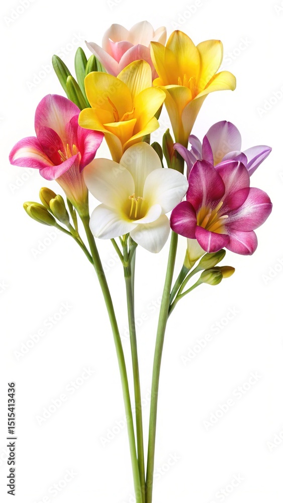 Obraz premium Beautiful bouquet of colorful freesias on a clean white background display