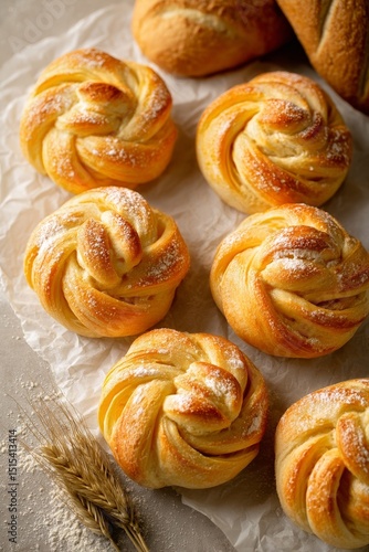 Freshly Baked Sweet Rolls Arranged on a Linen Cloth With Golden Crust