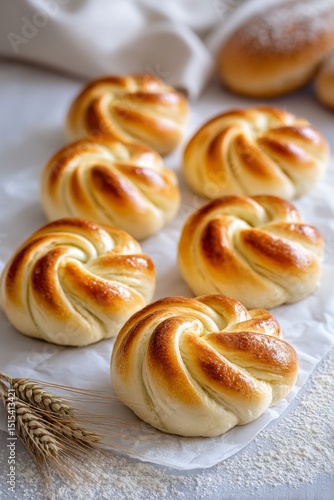 Soft and Golden Braided Bread Rolls Displayed on a Kitchen Surface With Wheat...