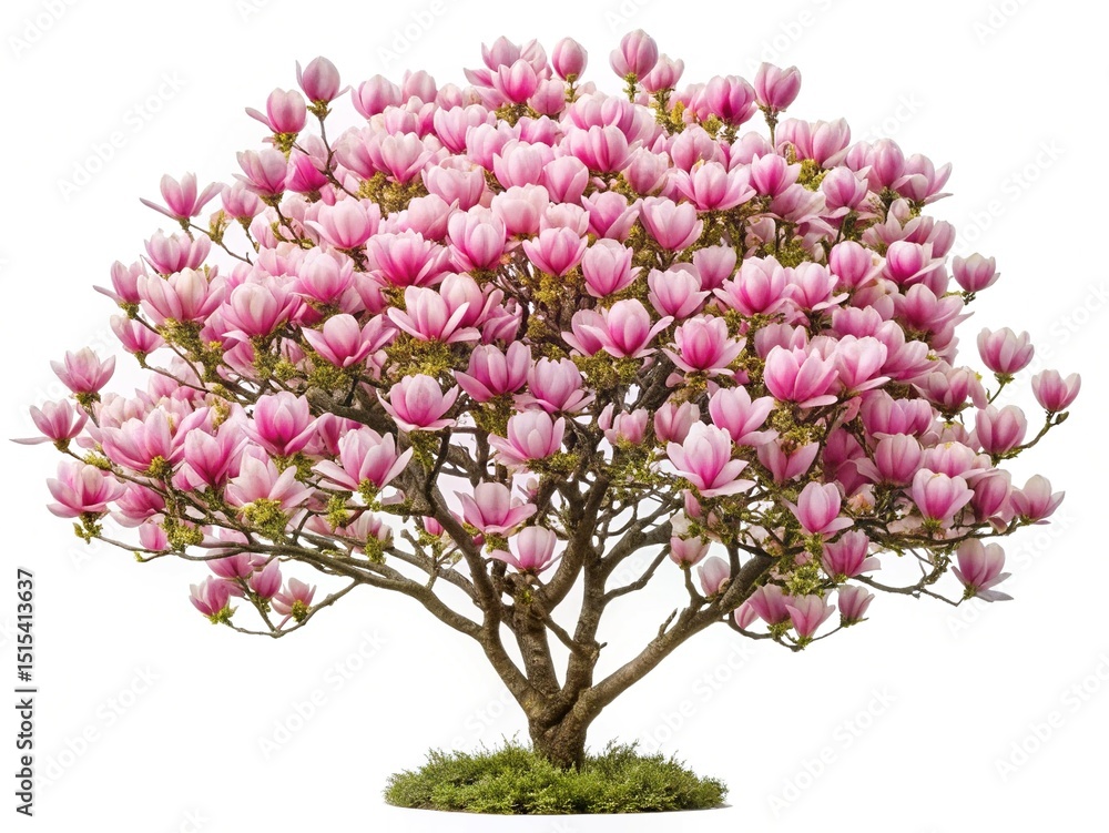 Obraz premium Magnificent Magnolia Tree in Full Bloom Against a Crisp White Background