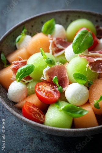 Fresh Melon and Prosciutto Salad Served With Basil and Mozzarella Balls for S...