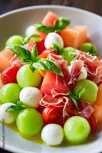 Refreshing Summer Fruit Salad With Mozzarella and Prosciutto Served in a Bowl