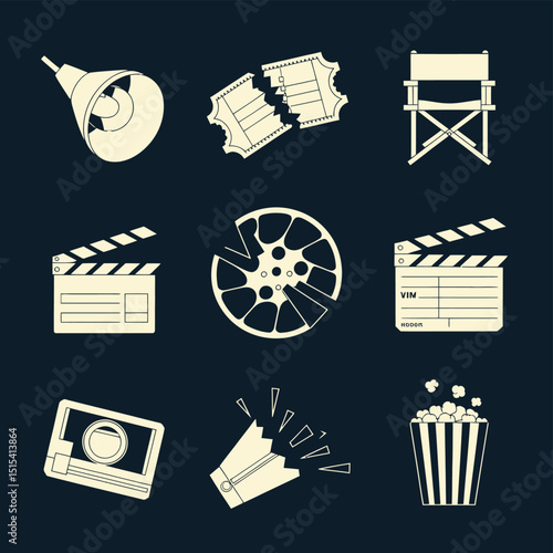 vector icons for cinema, Director's Chair , theatrical roles, video tape, cinema shattered spotlight, Theater Ticket
