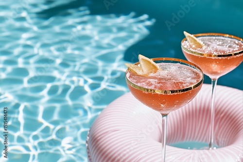 Refreshing Cocktails on a Sunny Day by the Pool With Pink Floatation Ring
