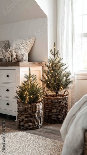 Decorative Small Christmas Trees in Cozy Bedroom With Warm Lighting and Rusti...
