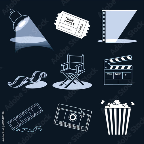 vector icons for cinema, Director's Chair , theatrical roles, video tape, cinema shattered spotlight, Theater Ticket
