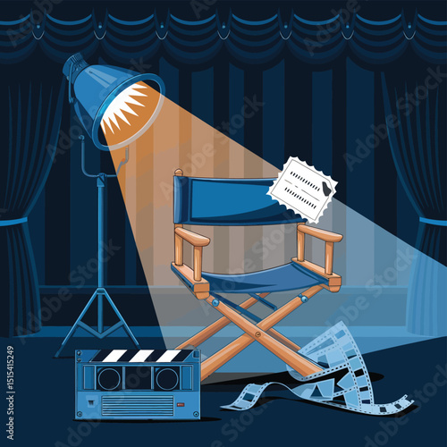 vector icons for cinema, Director's Chair , theatrical roles, video tape, cinema shattered spotlight, Theater Ticket
